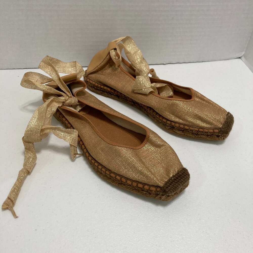 Type Z Espadrille Gold Metallic Ankle Wrap Flats Shoes Tie up Jute Wedge Size 40